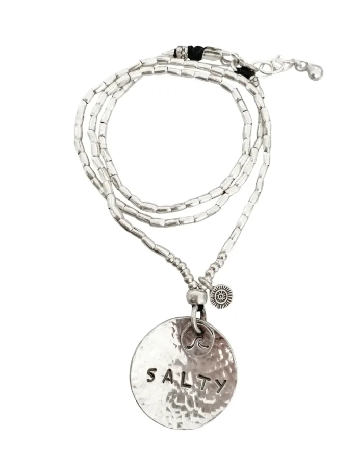 Large hand cut sterling silver disc necklace with hand stamped salty. ocean inspired jewellery ocean safe and tug proof for active mum like.