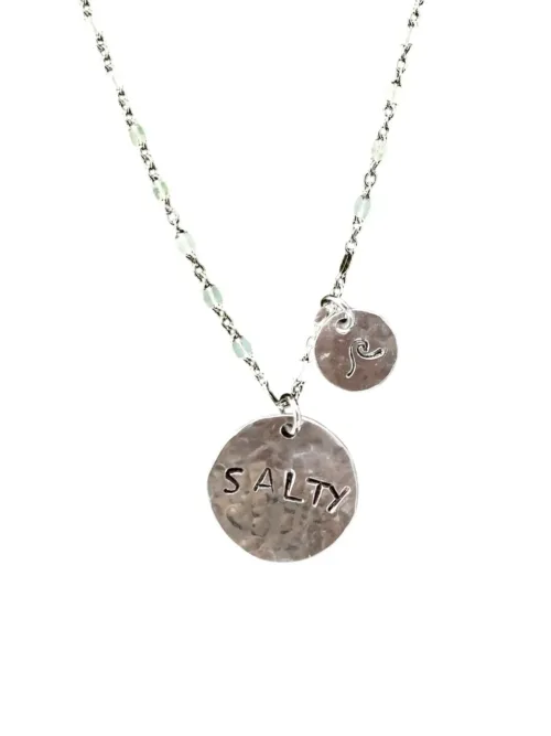 Large hand cut sterling silver disc necklace with hand stamped salty on sterling silver fancy chain ocean inspired jewellery ocean safe