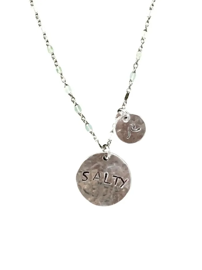 Large hand cut sterling silver disc necklace with hand stamped salty on sterling silver fancy chain ocean inspired jewellery ocean safe
