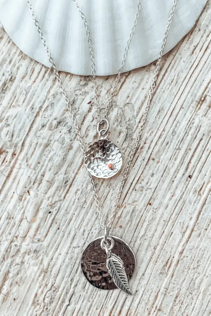 concave silver disc pendant with peach coral necklace on fine sterling silver chain. Handmade in Sydney Australia. Ocean Safe
