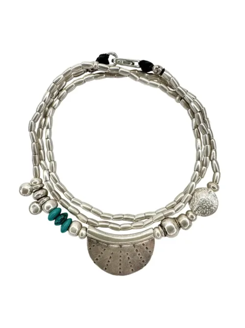 bohemian style silver jewellery. Pure silver wrap bracelet with silver crescent disc and turquoise gemstone - for a beach vibes look- water safe for everyday wear. 3 styles in 1