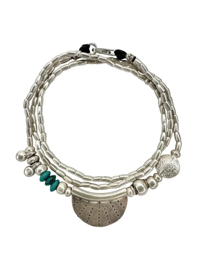 bohemian style silver jewellery. Pure silver wrap bracelet with silver crescent disc and turquoise gemstone - for a beach vibes look- water safe for everyday wear. 3 styles in 1
