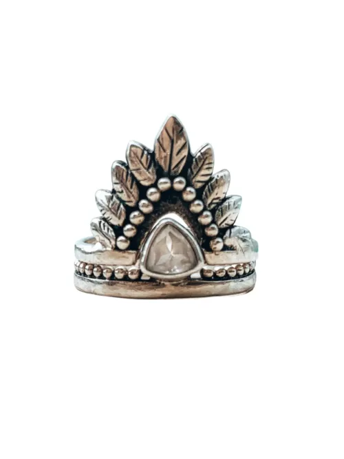 doble stack sterling silver ring with crystal quartz and feather design. boho style. ocean safe