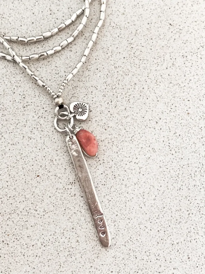 love hand stamped silver stick pendant long pure silver long necklace with pink opal. ocean safe safe