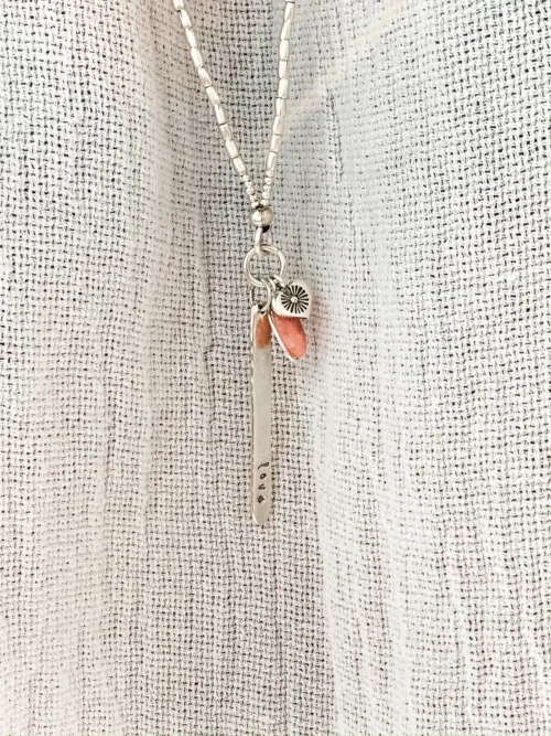 love hand stamped silver stick pendant long pure silver long necklace with pink opal. ocean safe safe