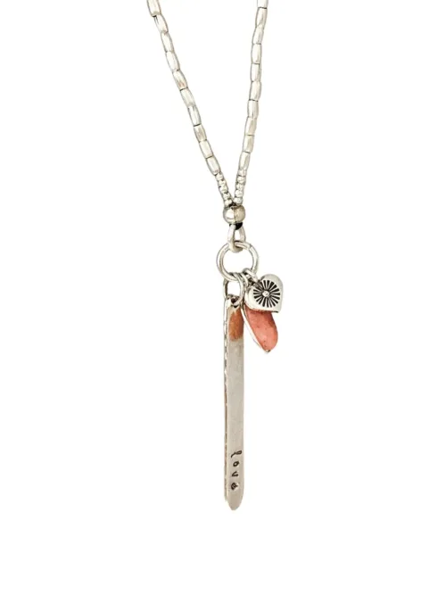 love hand stamped silver stick pendant long pure silver long necklace with pink opal. ocean safe safe