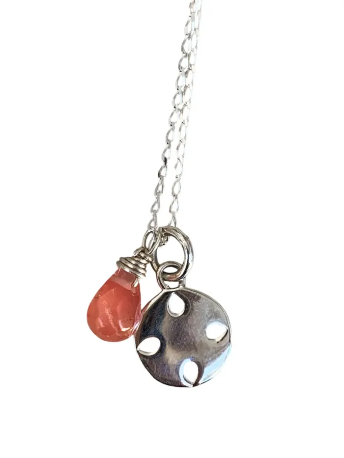 petite sterling silver round pendant on sterling silver chain. Add on gemstone option. handmade and ocean safe. Wear everyday.