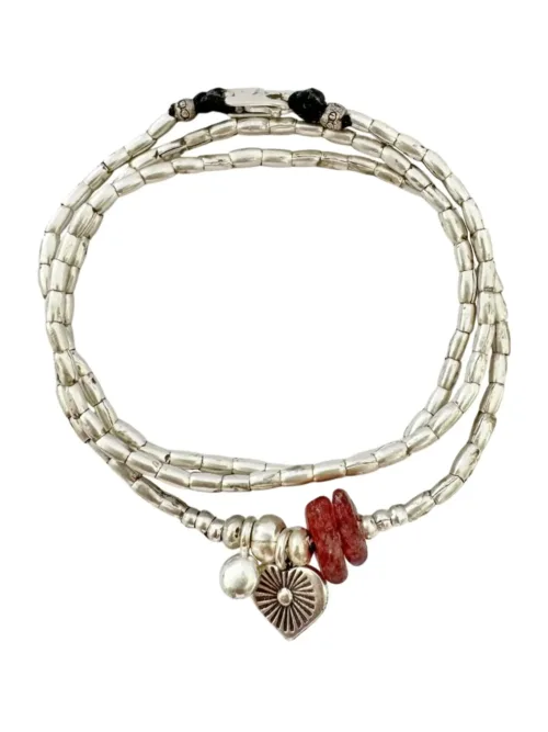 heart pendant with strawberry quartz gemstone bracelet. Combined with pure silver triple wrap bracelet. style it 3 ways. bracelet, anklet or necklace - water safe