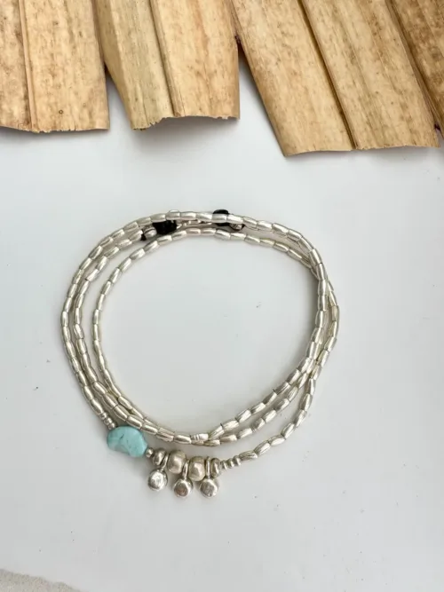 minimal style pure silver triple wrap bracelet-with gemstone. style it 3 ways. bracelet, anklet or necklace - water safe