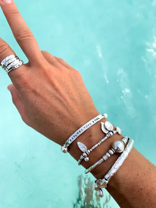 customisable hand stamped bracelet. sterling silver stretch bracelet for the active adventurer. water safe