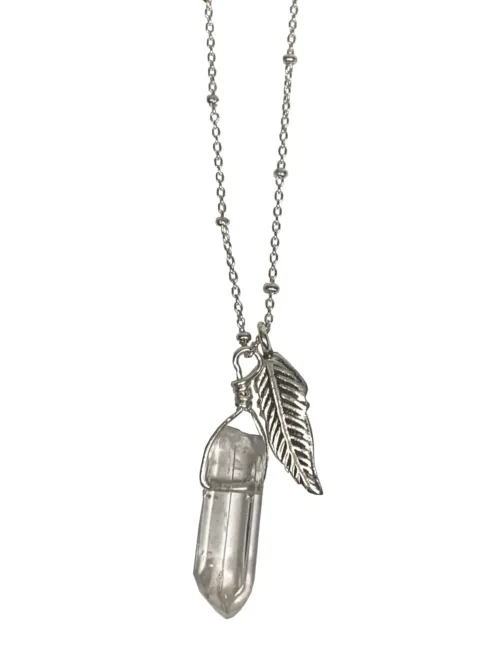 sterling silver necklace with silver feather pendant and crystal quartz pendant. Both floating on a sterling silver chain. Handmade in Sydney Australia. Ocean safe