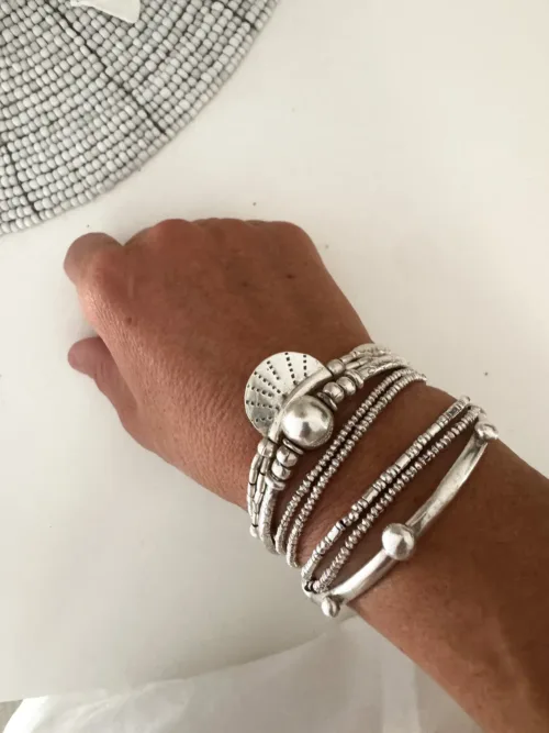 2 strand pure silver bracelet with silver crescent disc. Boho inspired - looks great on its own or styled in a bracelet stack. Ocean Safe and perfect for everyday wear