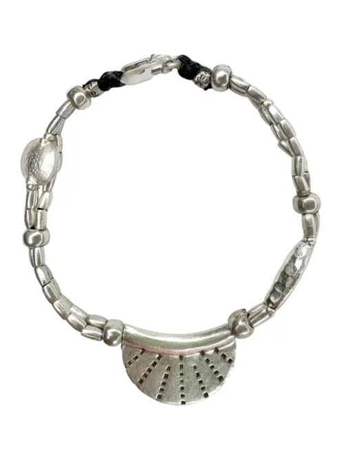 2 strand pure silver bracelet with silver crescent disc. Boho inspired - looks great on its own or styled in a bracelet stack. Ocean Safe and perfect for everyday wear
