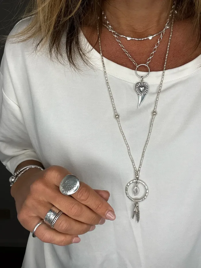long silver necklace pure silver seed chain with large ring and silver feather tassel bohemian style necklace ocean safe
