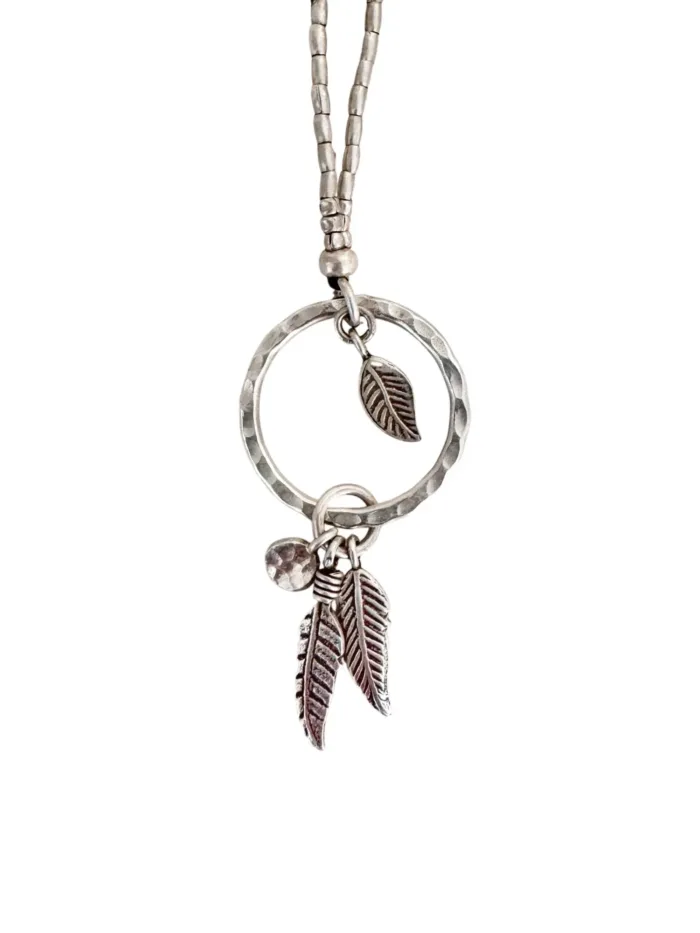 long silver necklace pure silver seed chain with large ring and silver feather tassel bohemian style necklace ocean safe