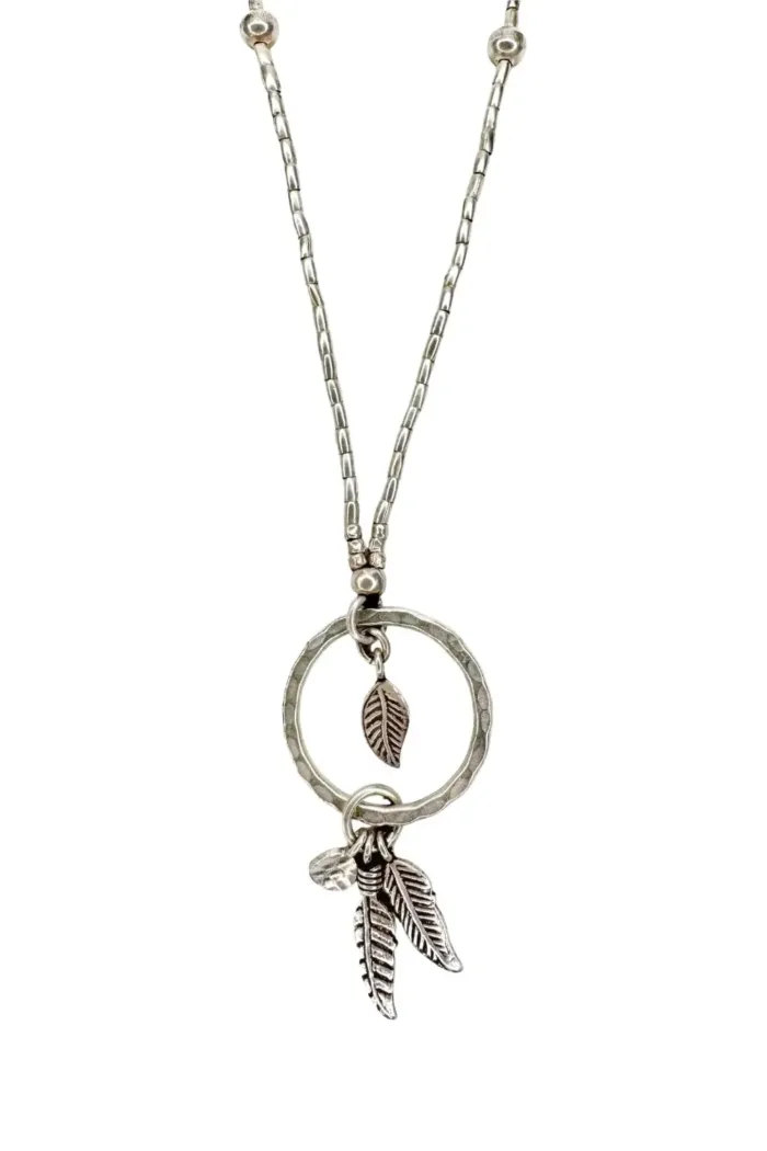 long silver necklace pure silver seed chain with large ring and silver feather tassel bohemian style necklace ocean safe