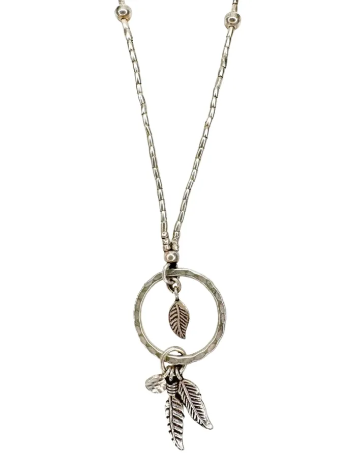 long silver necklace pure silver seed chain with large ring and silver feather tassel bohemian style necklace ocean safe