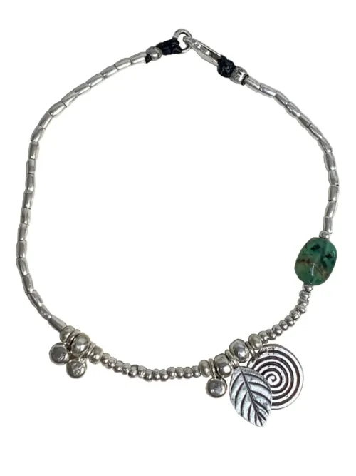 chrysoprase gemstone pure silver anklet with silver charms. Beach inspired jewellery that you can wear everyday. Ocean safe