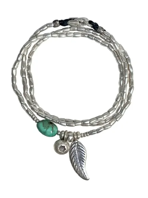 ocean inspired silver jewellery. Pure silver wrap bracelet with silver feather charm and chrysoprase gemstone - for a beach vibes look- water safe for everyday wear. 3 styles in 1. tug proof