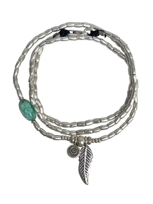 ocean inspired silver jewellery. Pure silver wrap bracelet with silver feather charm and chrysoprase gemstone - for a beach vibes look- water safe for everyday wear. 3 styles in 1. tug proof