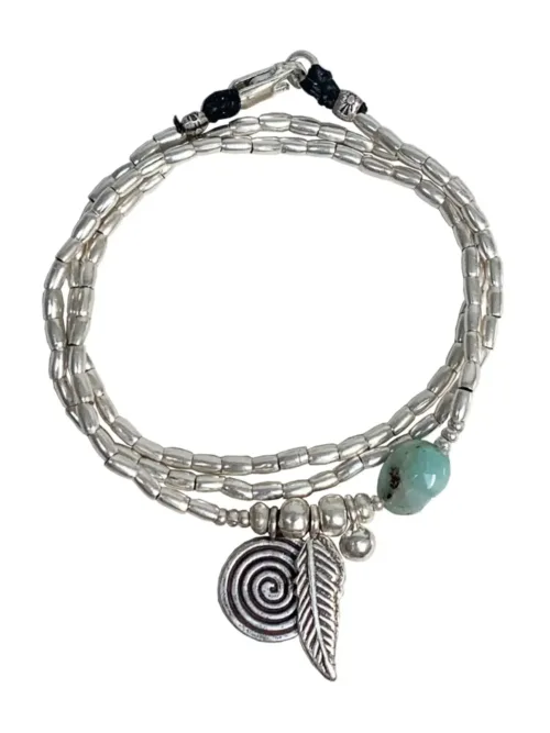 ocean inspired silver jewellery. Pure silver silver wrap bracelet with silver spiral charm and chrysoprase gemstone - for a beach vibes look- water safe for everyday wear. 3 styles in 1