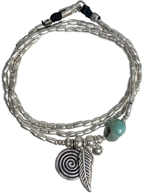 ocean inspired silver jewellery. Pure silver silver wrap bracelet with silver spiral charm and chrysoprase gemstone - for a beach vibes look- water safe for everyday wear. 3 styles in 1