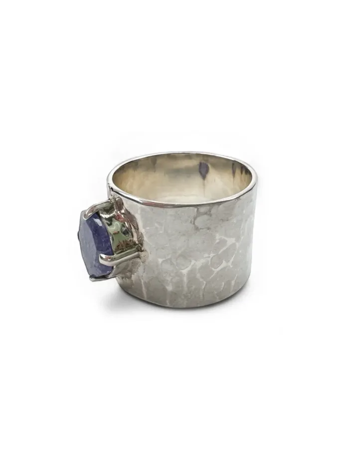 wide band sterling silver rings with rose cut gemstones purple tanzanite. ocean safe jewellery
