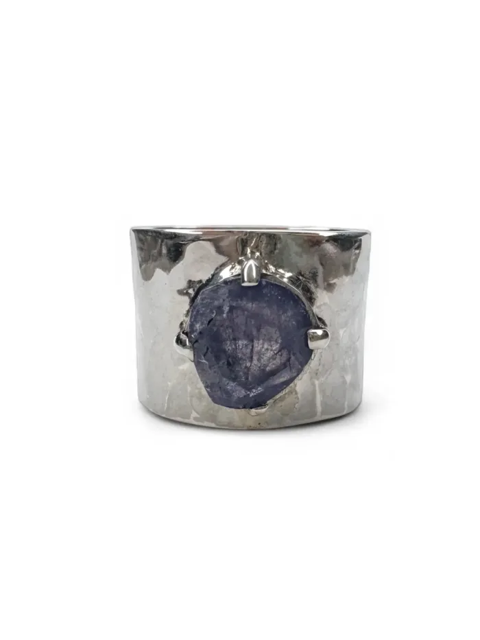 wide band sterling silver rings with rose cut gemstones purple tanzanite. ocean safe jewellery