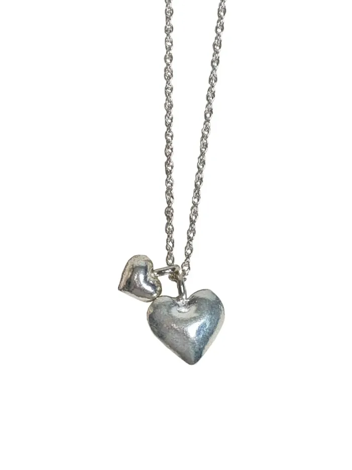 sterling silver 2 heart pendants on sterling silver chain ,animal style for everyday wear ocean safe
