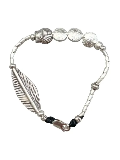 beach inspired pure silver bracelet with clam shell and large leaf. ocean safe. tug proof - perfect for active mums.