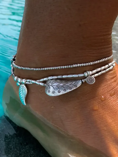 multi strand pure silver anklet with large silver heart bead. Instant anklet stack. ocean safe.