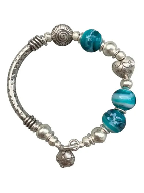 ocean inspired chunky pure silver bracelet with pearlised blue lamp work beads - perfect for a bracelet stack - ocean safe