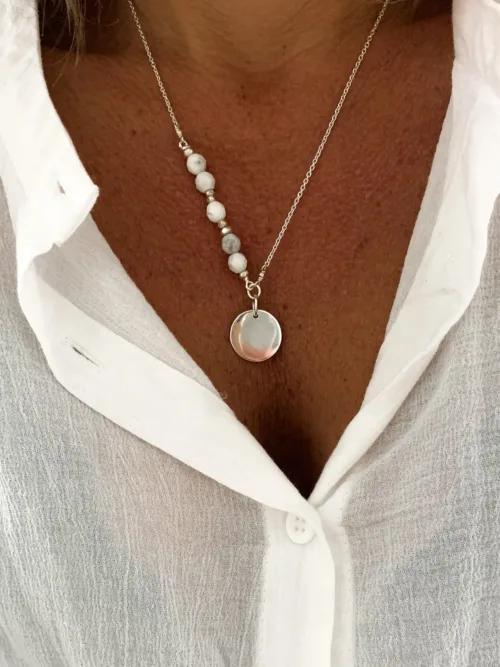 handmade sterling silver necklace with white howlite gemstone and sterling silver disc pendant ocean safe