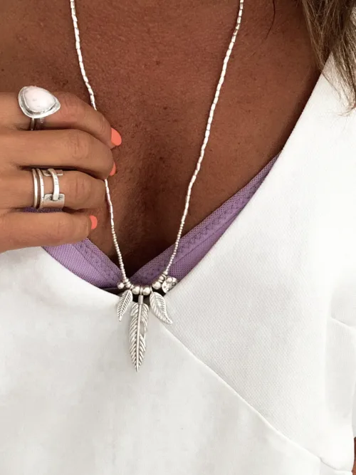 large feather pure silver long necklace handmade in australia ocean safe bohemian style.