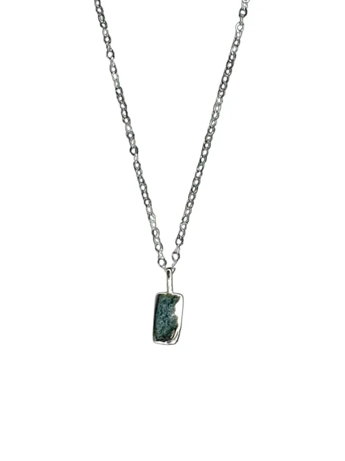 petite sterling silver rectangle pendant with moon detail on sterling silver curb chain. Dainty necklace. ocean safe