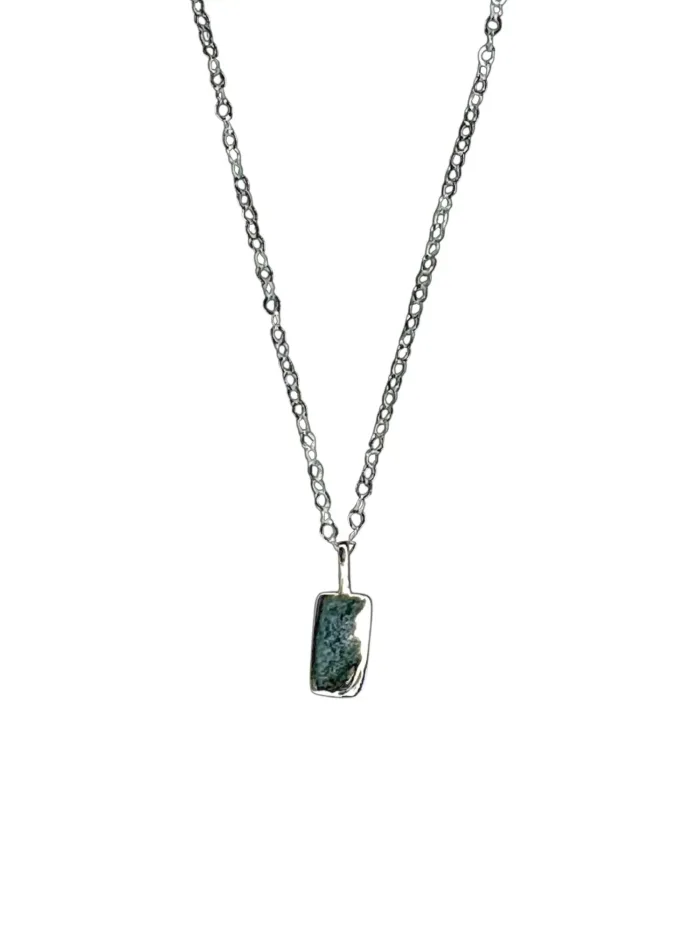 petite sterling silver rectangle pendant with moon detail on sterling silver curb chain. Dainty necklace. ocean safe