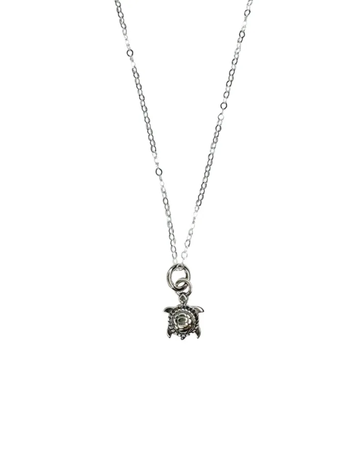 ocean inspired petite sterling silver sea turtle pendant necklace on sterling silver curb chain ocean safe