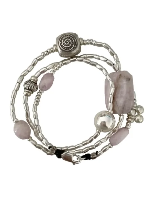 chunky kunzite gemstone pure silver wrap- 3 in 1 style bracelet, anklet, necklace-water safe