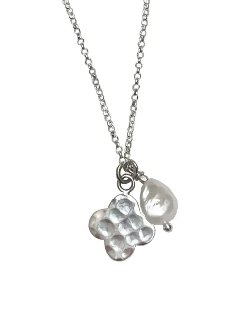 sterling silver necklace with clover pendant and freshwater pearl handmade and ocean safe