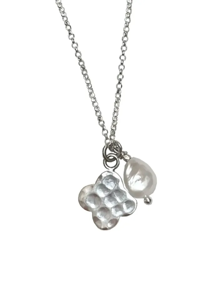 sterling silver necklace with clover pendant and freshwater pearl handmade and ocean safe