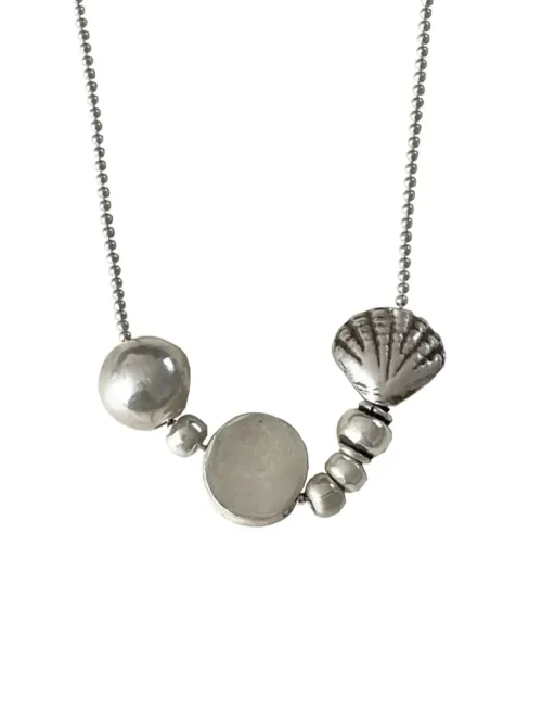 handmade long silver necklace. ocean inspired silver shells floating on a beaded sterling silver chain long necklace handmade ocean safe