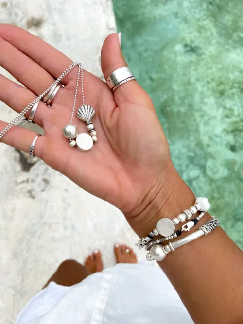handmade long silver necklace. ocean inspired silver shells floating on a beaded sterling silver chain long necklace handmade ocean safe