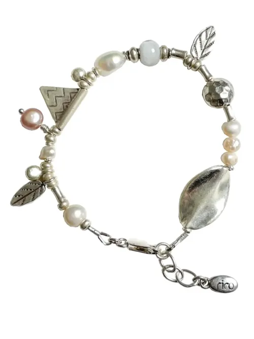 freshwater pearl silver bracelet with lots of charms.