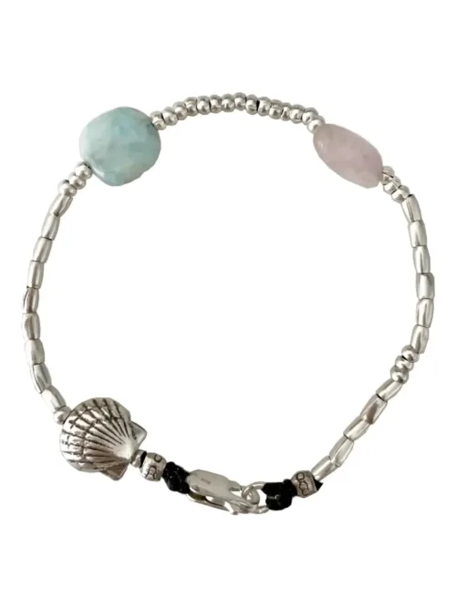 summer style bracelet with pure silver and Larimar gemstone + kunzite gemstone. featuring a clam shell detail. ocean safe and tug proof. perfect for active mums