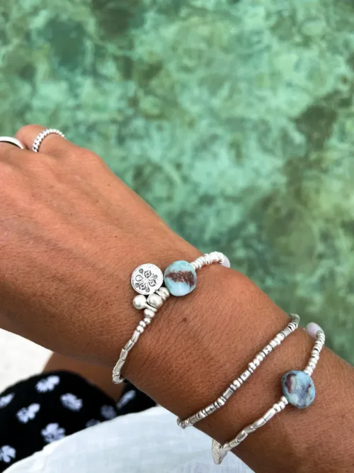 sterling silver bracelet made for summer. Larimar and kunzite gemstone - ocean safe - wear everyday