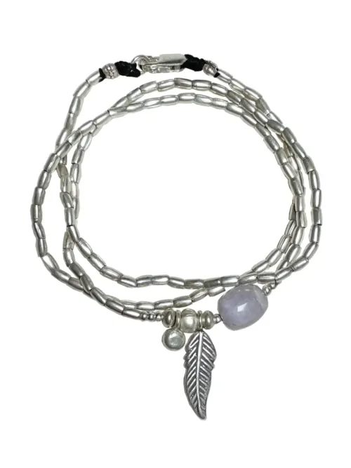 ocean inspired silver jewellery. Pure silver wrap bracelet with silver feather charm and kunzite gemstone - for a beach vibes look- water safe for everyday wear. 3 styles in 1