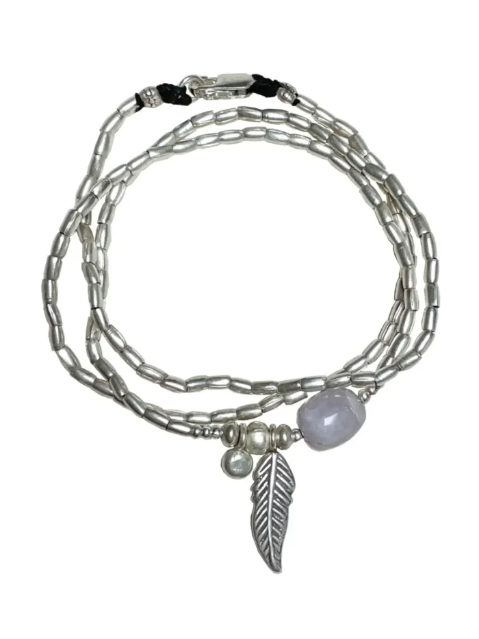 ocean inspired silver jewellery. Pure silver wrap bracelet with silver feather charm and kunzite gemstone - for a beach vibes look- water safe for everyday wear. 3 styles in 1