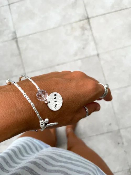 memory wire double wrap bracelet with pure silver and crystal quartz gemstone. Customisable charm pendant