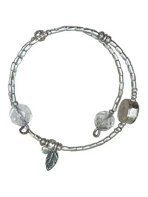 memory wire double wrap bracelet with pure silver and crystal quartz gemstone. Customisable charm pendant