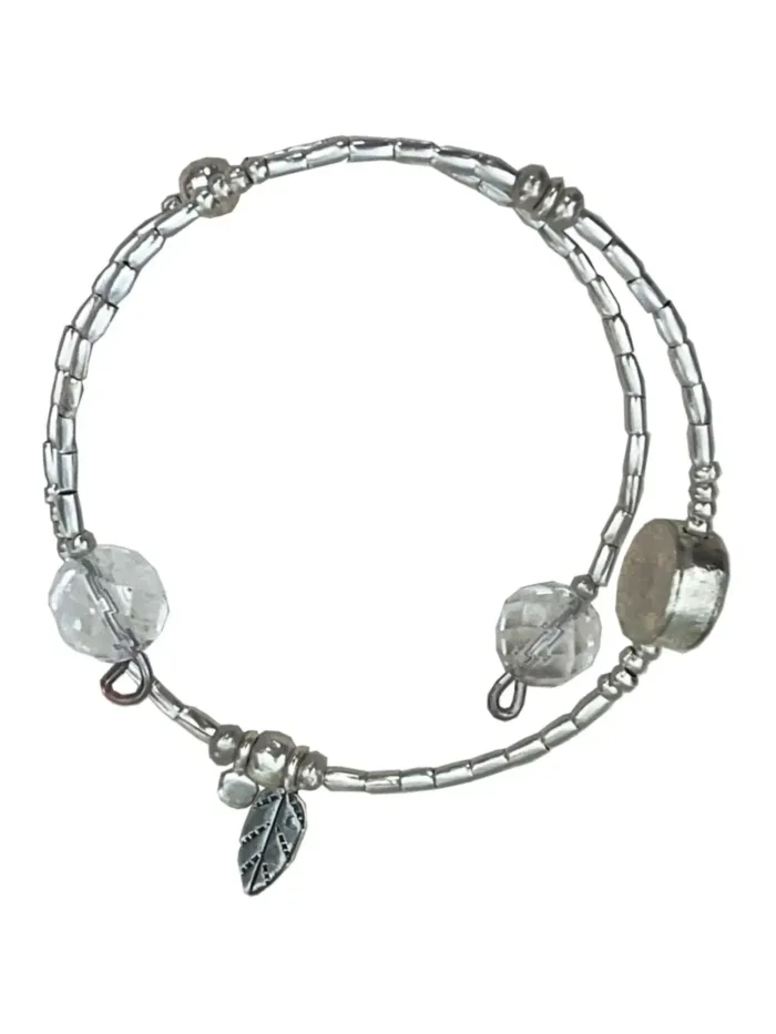 memory wire double wrap bracelet with pure silver and crystal quartz gemstone. Customisable charm pendant